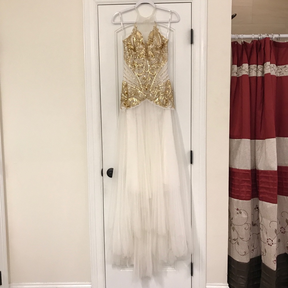 Custom Sherri Hill white/gold prom pageant gown